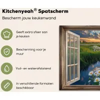 KitchenYeah Spatscherm keuken 100x65 cm - Kookplaat achterwand Doorkijk - Landschap - Raam - Water - Zonsondergang - Muurbeschermer - Spatwand fornuis - Hoogwaardig aluminium