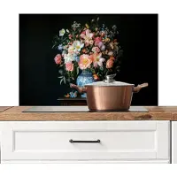 KitchenYeah Spatscherm keuken 90x60 cm - Kookplaat achterwand Roze - Bloemen - Vaas - Kleuren - Muurbeschermer - Spatwand fornuis - Hoogwaardig aluminium