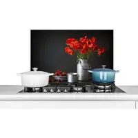 KitchenYeah Spatscherm keuken 60x40 cm - Kookplaat achterwand Stilleven - Klaprozen - Melkkan - Muurbeschermer - Spatwand fornuis - Hoogwaardig aluminium