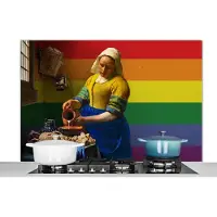 KitchenYeah Spatscherm keuken 120x80 cm - Kookplaat achterwand Melkmeisje - Vermeer - Pride vlag - Muurbeschermer - Spatwand fornuis - Hoogwaardig aluminium