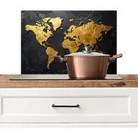 KitchenYeah Spatscherm keuken 70x50 cm - Kookplaat achterwand Wereldkaart - Goud - Steen - Muurbeschermer - Spatwand fornuis - Hoogwaardig aluminium