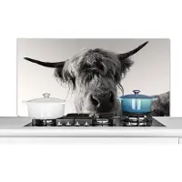 KitchenYeah Spatscherm keuken 120x60 cm - Kookplaat achterwand Schotse Hooglander - Zwart - Wit - Dieren - Muurbeschermer - Spatwand fornuis - Hoogwaardig aluminium
