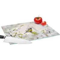 KitchenYeah Glazen Snijplank - 39x28 - Vogel - Koolmees - Bloemen - Bloesemboom - Snijplanken Glas