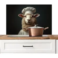 KitchenYeah Spatscherm keuken 90x60 cm - Kookplaat achterwand Schaap - Wol - Kok - Muurbeschermer - Spatwand fornuis - Hoogwaardig aluminium