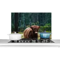 KitchenYeah Spatscherm keuken 90x60 cm - Kookplaat achterwand Schotse Hooglander - Bos - Mos - Muurbeschermer - Spatwand fornuis - Hoogwaardig aluminium