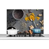KitchenYeah Spatscherm keuken 100x65 cm - Kookplaat achterwand Kruiden op grijze achtergrond - Muurbeschermer - Spatwand fornuis - Hoogwaardig aluminium