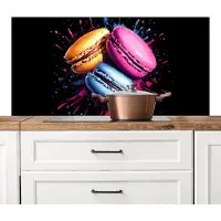 KitchenYeah Spatscherm keuken 120x60 cm - Kookplaat achterwand Macarons - Dessert - Graffiti - Kleurrijk - Roze - Blauw - Geel - Muurbeschermer - Spatwand fornuis - Hoogwaardig aluminium