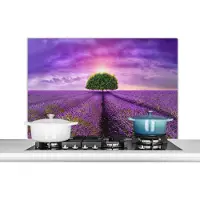 KitchenYeah Spatscherm keuken - Lavendel - Boom - Zon - Bloemen - Paars - Keuken decoratie - Spatwand kookplaat - 100x65 cm - Muurbeschermer - Achterwand keuken