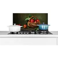 KitchenYeah Spatscherm keuken 60x30 cm - Kookplaat achterwand Rustiek - Appel - Fruit - Rood - Mand - Stilleven - Muurbeschermer - Spatwand fornuis - Hoogwaardig aluminium