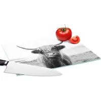 KitchenYeah Glazen Snijplank - 28x20 - Dieren - Schotse hooglander - Koe - Zwart - Wit - Snijplanken Glas