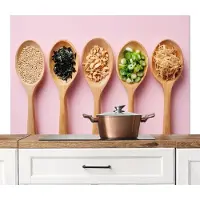 KitchenYeah Spatscherm keuken 120x80 cm - Kookplaat achterwand Ingrediënten - Lepels - Hout - Roze - Muurbeschermer - Spatwand fornuis - Hoogwaardig aluminium