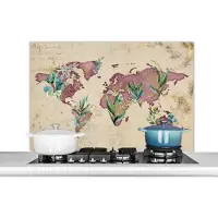 KitchenYeah Spatscherm keuken 100x65 cm - Kookplaat achterwand Wereldkaart - Papyrus - Retro - Muurbeschermer - Spatwand fornuis - Hoogwaardig aluminium