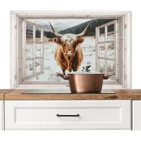 KitchenYeah Spatscherm keuken 100x65 cm - Kookplaat achterwand Schotse Hooglander - Winterlandschap - Landelijk - Bergen - Doorkijk - Muurbeschermer - Spatwand fornuis - Hoogwaardig aluminium