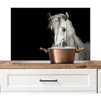 KitchenYeah Spatscherm keuken 90x60 cm - Kookplaat achterwand Paard - Portret - Zwart - Wit - Dier - Muurbeschermer - Spatwand fornuis - Hoogwaardig aluminium