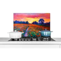 KitchenYeah Spatscherm keuken 70x50 cm - Kookplaat achterwand Schilderij - Natuur - Bloemen - Olieverf - Muurbeschermer - Spatwand fornuis - Hoogwaardig aluminium