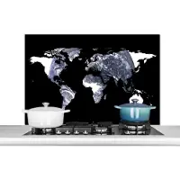 KitchenYeah Spatscherm keuken 100x65 cm - Kookplaat achterwand Wereldkaart - Zwart - Wit - Wereldbol - Muurbeschermer - Spatwand fornuis - Hoogwaardig aluminium