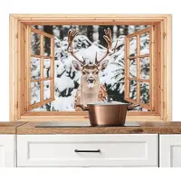 KitchenYeah Spatscherm keuken 120x80 cm - Kookplaat achterwand Doorkijk - Hert - Sneeuw - Winter - Bos - Dieren - Muurbeschermer - Spatwand fornuis - Hoogwaardig aluminium