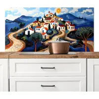 KitchenYeah Spatscherm keuken 120x60 cm - Kookplaat achterwand Dorp - Heuvelachtig - Zon - Mozaïek - Muurbeschermer - Spatwand fornuis - Hoogwaardig aluminium