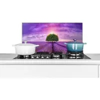KitchenYeah Spatscherm keuken - Lavendel - Boom - Zon - Bloemen - Paars - Keuken decoratie - Spatwand kookplaat - 60x30 cm - Muurbeschermer - Achterwand keuken