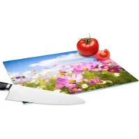 KitchenYeah Glazen Snijplank - 28x20 - Bloemen - Wei - Paars - Gras - Wit - Wolken - Blauw - Snijplanken Glas