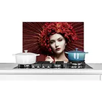 KitchenYeah Spatscherm keuken 60x40 cm - Kookplaat achterwand Vrouw - Rood - Portret - Paraplu - Muurbeschermer - Spatwand fornuis - Hoogwaardig aluminium