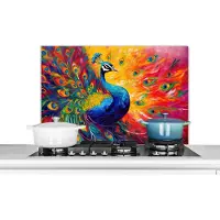 KitchenYeah Spatscherm keuken 80x55 cm - Kookplaat achterwand Pauw - Kunst - Schilderij - Pauwenveren - Muurbeschermer - Spatwand fornuis - Hoogwaardig aluminium