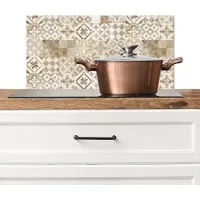 KitchenYeah Spatscherm keuken 60x30 cm - Kookplaat achterwand Vintage - Tegels - Patronen - Bruin - Muurbeschermer - Spatwand fornuis - Hoogwaardig aluminium