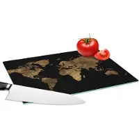 KitchenYeah Glazen Snijplank - 28x20 - Wereldkaart - Goud - Luxe - Aarde - Zwart - Snijplanken Glas