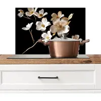 KitchenYeah Spatscherm keuken 70x50 cm - Kookplaat achterwand Bloemen - Wit - Goud - Muurbeschermer - Spatwand fornuis - Hoogwaardig aluminium