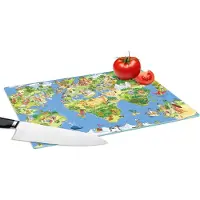 KitchenYeah Glazen Snijplank - 39x28 - Wereldkaart - Kinderen - Natuur - Dieren - Blauw - Groen - Snijplanken Glas
