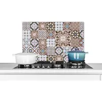KitchenYeah Spatscherm keuken 60x40 cm - Kookplaat achterwand Patronen - Vintage - Bruin - Bloemen - vormen - Muurbeschermer - Spatwand fornuis - Hoogwaardig aluminium