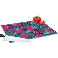 KitchenYeah Glazen Snijplank - 39x28 - Bladeren - Hawaii - Design - Roze - Blauw - Snijplanken Glas