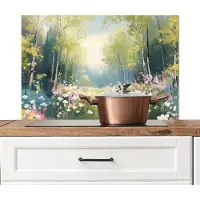 KitchenYeah Spatscherm keuken 90x60 cm - Kookplaat achterwand Bos - Schilderstijl - Kleurrijk - Muurbeschermer - Spatwand fornuis - Hoogwaardig aluminium