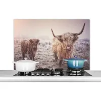 KitchenYeah Spatscherm keuken 100x65 cm - Kookplaat achterwand Schotse Hooglander - Winter - Sneeuw - Koe - Weiland - Bruin - Muurbeschermer - Spatwand fornuis - Hoogwaardig aluminium