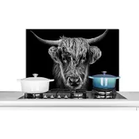 KitchenYeah Spatscherm keuken 80x55 cm - Kookplaat achterwand Schotse hooglander - Zwart - Koe - Dieren - Muurbeschermer - Spatwand fornuis - Hoogwaardig aluminium
