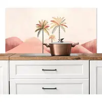 KitchenYeah Spatscherm keuken 120x60 cm - Kookplaat achterwand Palmbomen - Heuvels - Minimalistisch - Zachtroze - Muurbeschermer - Spatwand fornuis - Hoogwaardig aluminium