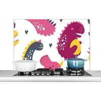 KitchenYeah Spatscherm keuken 100x65 cm - Kookplaat achterwand Dino - Patronen - Kind - Roze - Meisjes - Muurbeschermer - Spatwand fornuis - Hoogwaardig aluminium