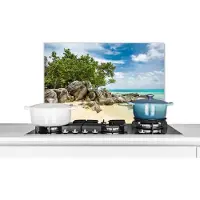KitchenYeah Spatscherm keuken 60x40 cm - Kookplaat achterwand Strand - Stenen - Zee - Zomer - Muurbeschermer - Spatwand fornuis - Hoogwaardig aluminium