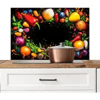 KitchenYeah Spatscherm keuken 80x55 cm - Kookplaat achterwand Groente - Graffiti - Kleurrijk - Koken - Abstract - Muurbeschermer - Spatwand fornuis - Hoogwaardig aluminium