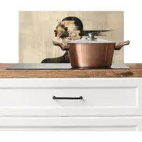KitchenYeah Spatscherm keuken 60x30 cm - Kookplaat achterwand Gezicht - Bloemen - Zwart - Vrouw - Muurbeschermer - Spatwand fornuis - Hoogwaardig aluminium