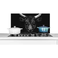 KitchenYeah Spatscherm keuken 90x45 cm - Kookplaat achterwand Dieren - Stier - Zwart - Wit - Portret - Muurbeschermer - Spatwand fornuis - Hoogwaardig aluminium