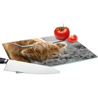 KitchenYeah Glazen Snijplank - 28x20 - Schotse Hooglander - Dieren - Bruin - Koe - Zwart - Wit - Natuur - Snijplanken Glas