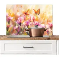 KitchenYeah Spatscherm keuken 80x55 cm - Kookplaat achterwand Vlinders - Oranje - Bloemen - Muurbeschermer - Spatwand fornuis - Hoogwaardig aluminium