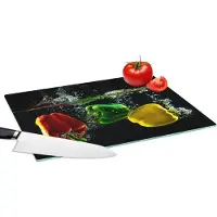 KitchenYeah Glazen Snijplank - 39x28 - Paprika - Groente - Water - Zwart - Rood - Groen - Geel - Snijplanken Glas