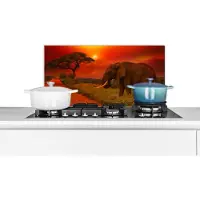 KitchenYeah - Spatscherm - Spatscherm keuken - Olifant - Zon - Savanne - Natuur - Spatscherm dieren - Keuken decoratie - Spatwand - 60x30 cm - Muurbeschermer
