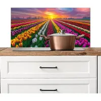 KitchenYeah Spatscherm keuken 90x45 cm - Kookplaat achterwand Tulpenveld - Zonsondergang - Kleurrijk - Muurbeschermer - Spatwand fornuis - Hoogwaardig aluminium