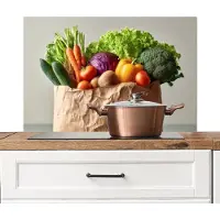 KitchenYeah Spatscherm keuken 90x60 cm - Kookplaat achterwand Papieren - Boodschappen - Groente - Kleurrijk - Muurbeschermer - Spatwand fornuis - Hoogwaardig aluminium
