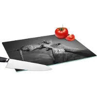 KitchenYeah Glazen Snijplank - 39x28 - Panter - Boom - Dieren - Zwart - Wit - Snijplanken Glas