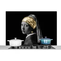 KitchenYeah Spatscherm keuken 120x80 cm - Kookplaat achterwand Meisje met de parel - Vermeer - Goud - Muurbeschermer - Spatwand fornuis - Hoogwaardig aluminium