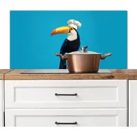 KitchenYeah Spatscherm keuken 100x50 cm - Kookplaat achterwand Tucan - Sokkel - Vogel - Koksmuts - Muurbeschermer - Spatwand fornuis - Hoogwaardig aluminium